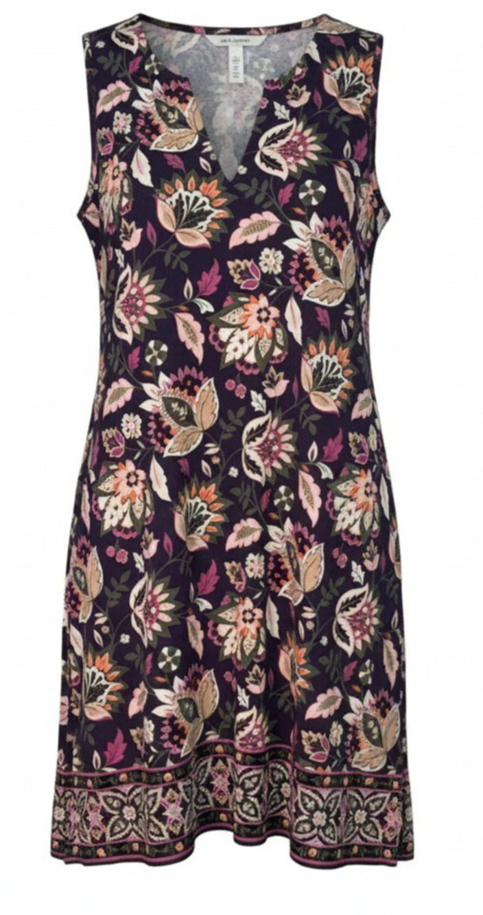 Lands' End Sz M 10-12 Split V-Neck Tank Dress Boho Purple Floral Cotton Knit